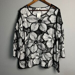 Cato XL Floral Crochet Trim Sheer Pullover Top Blouse Black &‎ White NWT Artsy